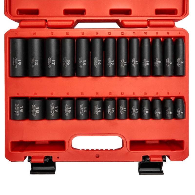 Neiko NEIKO 02433A 3/8” Drive Standard and Deep Metric Impact Socket Set | 26 Pieces | Metric 7mm to 19mm | Premium Cr-V Steel | 6-Point Hex Design | Corrosion Resistant Black Phosphate Coating  - Image 1