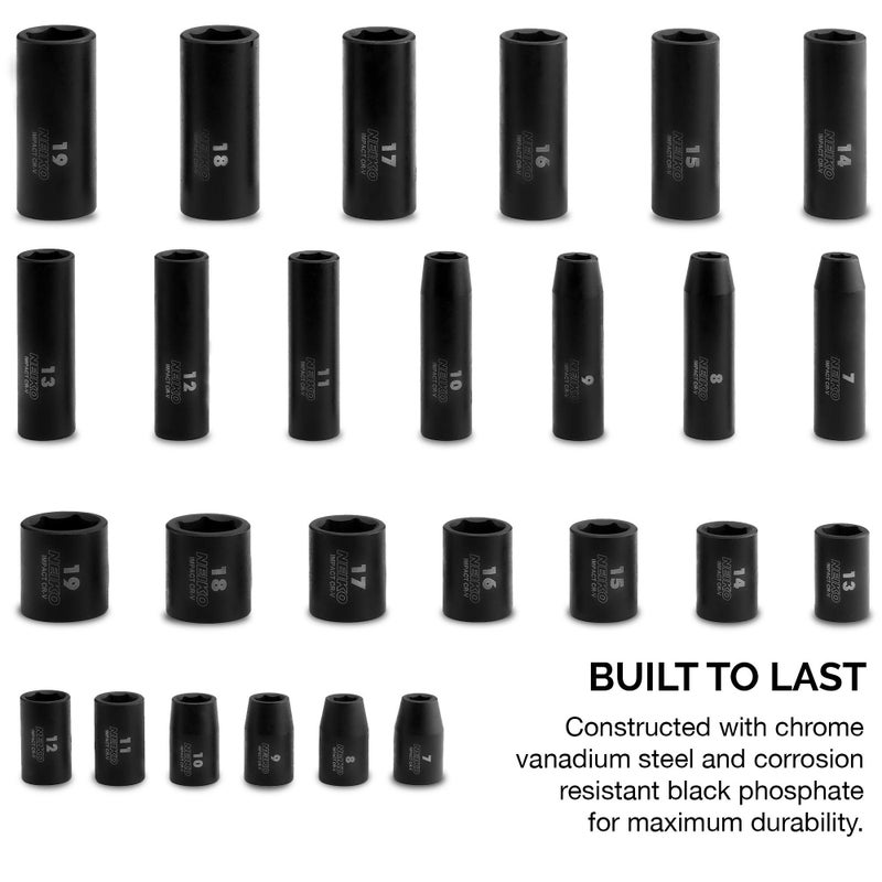 Neiko NEIKO 02433A 3/8” Drive Standard and Deep Metric Impact Socket Set | 26 Pieces | Metric 7mm to 19mm | Premium Cr-V Steel | 6-Point Hex Design | Corrosion Resistant Black Phosphate Coating  - Image 2