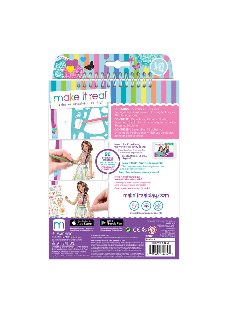 Make It Real Make It Real Fashion Design Sketchbook Kit for Girls - Blooming Creativity Set with Stencils, Puffy Stickers, Design Guide - Unleash Fashion Talent, Develop Skills, for Kids Ages 6  - Image 2