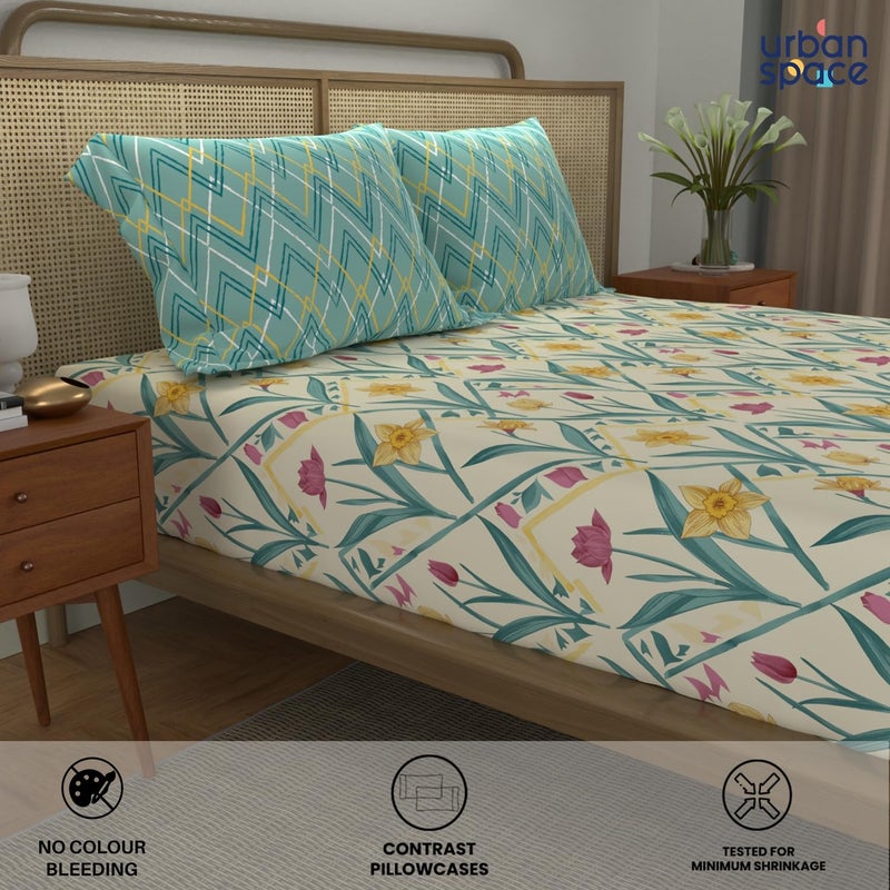 Urban Space Divine 100 Cotton Bedsheet for Double Bed with 2 Pillow Covers Double Bedsheet Size 90 x 100 inches Spring Torquoise - Image 4