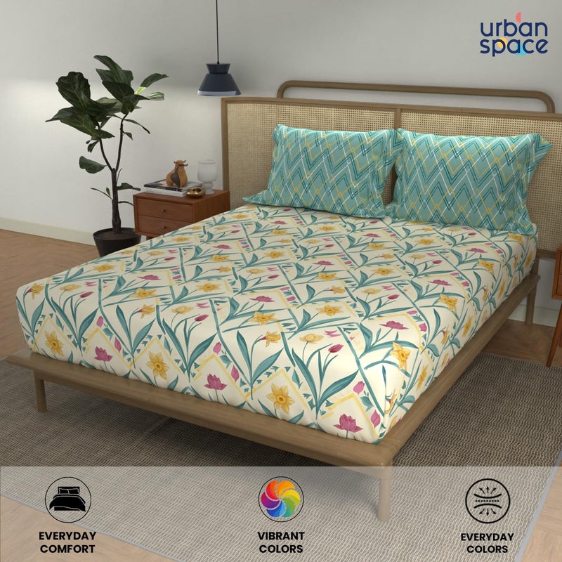 Urban Space Divine 100 Cotton Bedsheet for Double Bed with 2 Pillow Covers Double Bedsheet Size 90 x 100 inches Spring Torquoise - Image 3