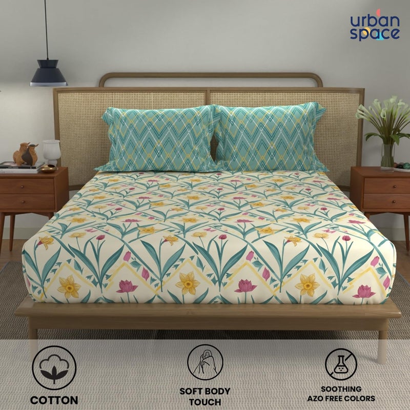 Urban Space Divine 100 Cotton Bedsheet for Double Bed with 2 Pillow Covers Double Bedsheet Size 90 x 100 inches Spring Torquoise - Image 2