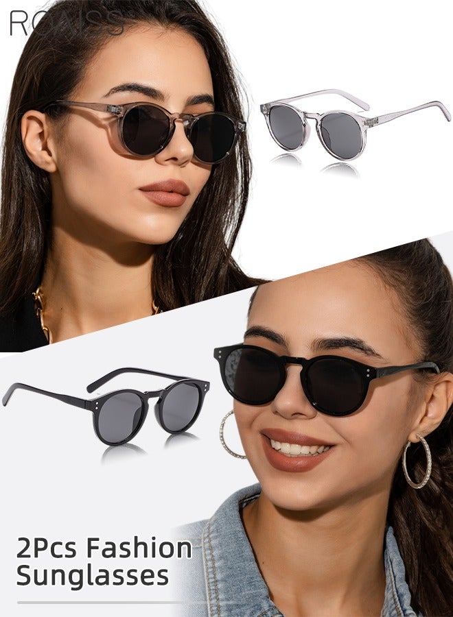 رويس قطعتان من النظارات الشمسية الدائرية للرجال والنساء، نظارات شمسية للحماية من الأشعة فوق البنفسجية 400، نظارات ديكور عصرية للخارج والحفلات والتصوير، أسود ورمادي - Image 1