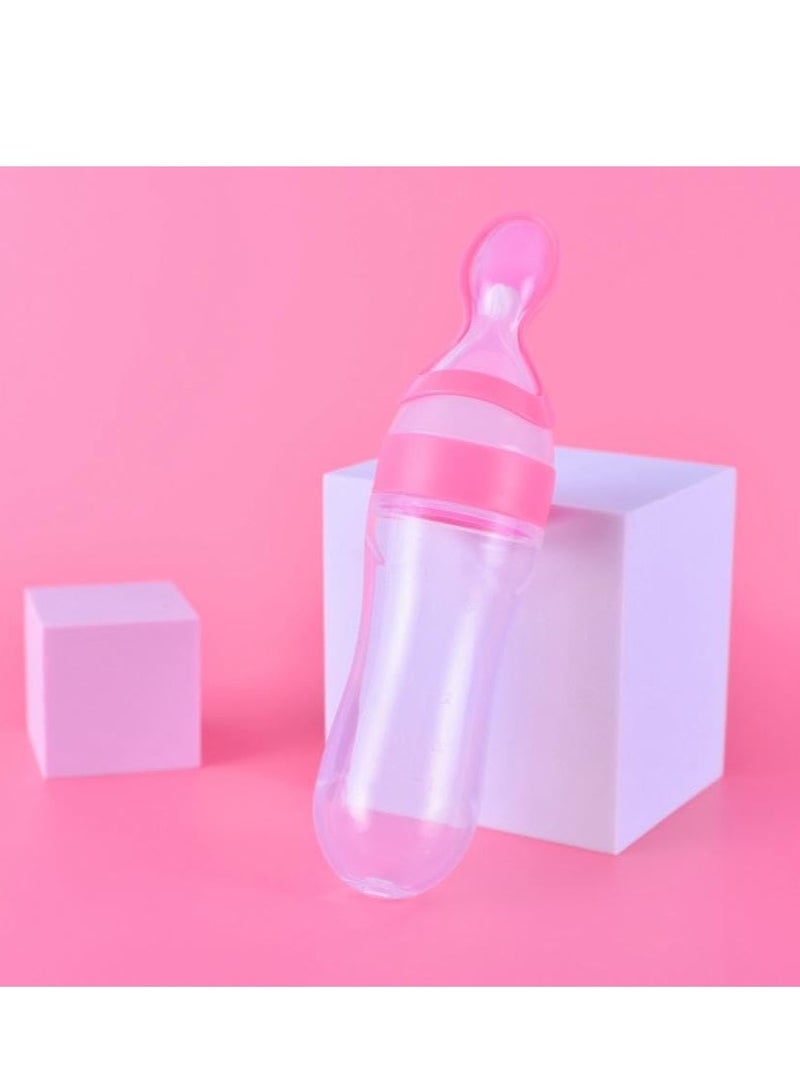 أطفال صغيرة مغذي طعام، زجاجة رضاعة من السيليكون مع ملعقة وشفط، أدوات مائدة ملعقة طعام 90 مل، أدوات مائدة تغذية متعددة الوظائف، دواء ومعالج طعام باللون الوردي - Image 2