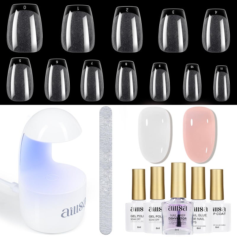 AILLSA Gel Nail Kit Short Coffin Nail Tips 240pcs with 2 In 1 Nail Glue Base Coat and Nail Dehydrator, False Nail Tips Kit with U V Light Top Coat for Beginners DIY Home Salon - Image 1