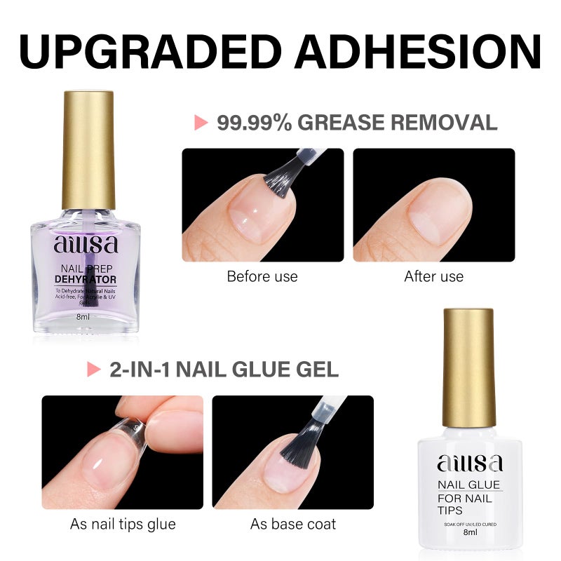 AILLSA Gel Nail Kit Short Coffin Nail Tips 240pcs with 2 In 1 Nail Glue Base Coat and Nail Dehydrator, False Nail Tips Kit with U V Light Top Coat for Beginners DIY Home Salon - Image 5