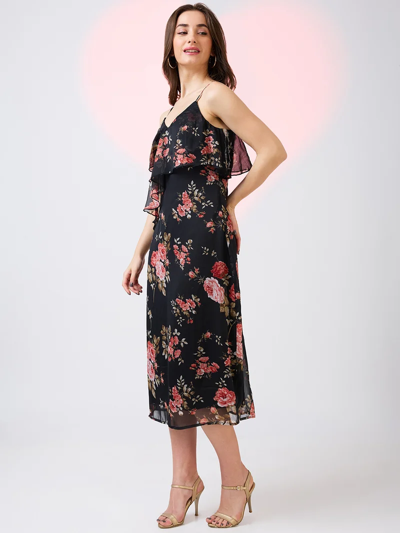 globus Globus Women V-Neck Strappy Shoulder Floral Print Ruffles Detail Midi A-Line Party Dress