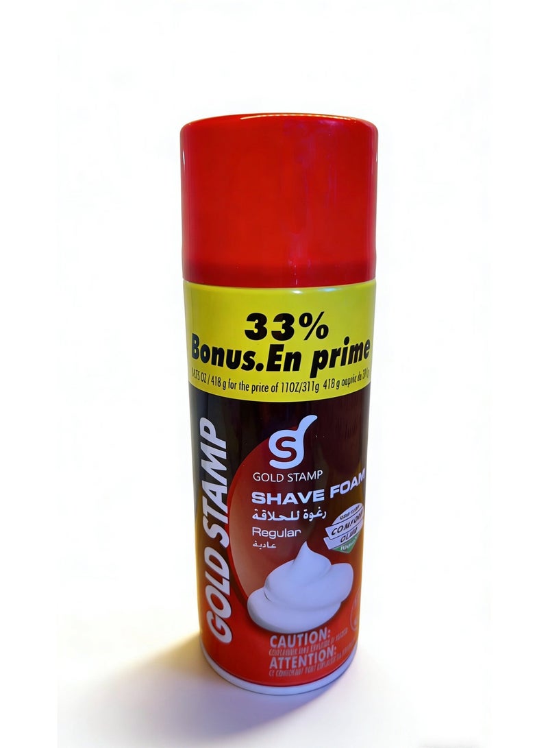 ختم الذهب مكافأة إضافية بنسبة 33٪ GOLD STAMP Regular Shave Foam، ml400 مل | صيغة الانزلاق المريحة للحلاقة السلسة | لطيف للاستخدام اليومي  ، حلاقة للبشرة الحساسة، ملين اللحية، منتجات العناية بالرجال، حجم إضافي، خالية من التهيج - Image 2