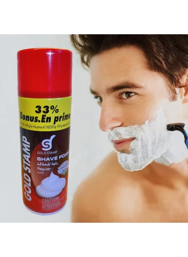 ختم الذهب مكافأة إضافية بنسبة 33٪ GOLD STAMP Regular Shave Foam، ml400 مل | صيغة الانزلاق المريحة للحلاقة السلسة | لطيف للاستخدام اليومي  ، حلاقة للبشرة الحساسة، ملين اللحية، منتجات العناية بالرجال، حجم إضافي، خالية من التهيج - Image 1