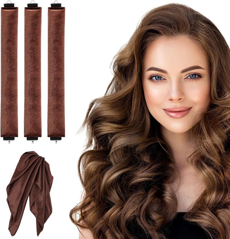 Spoken Heatless Hair Curler (3 Sets), Flexible Curling Rod with Hook, Satin Rollers for All Hair Types, No Heat Curls to Sleep for Curl Rods, Heatless Curls for Blowout Hair (Brown) - Image 1