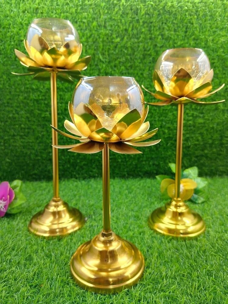 The Decor Affair The Decor Affair Set of 3 Lotus Shaped Golden Tealight Holders Decorative Iron Candle Stands for Modern and Traditional Home Decor Ideal for Table Centerpieces Weddings and Gift Giving