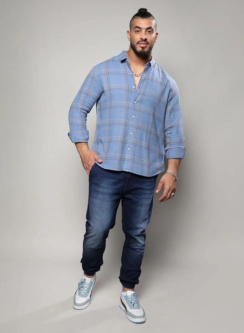 Instafab Plus  Men's Icy Blue Tartan Plaid Shirt For Casual Wear | Spread Collar | Long Sleeve | Button Closure | Cotton Shirt Crafted With Comfort Fit For Everyday Wear for Men | Best Price UAE