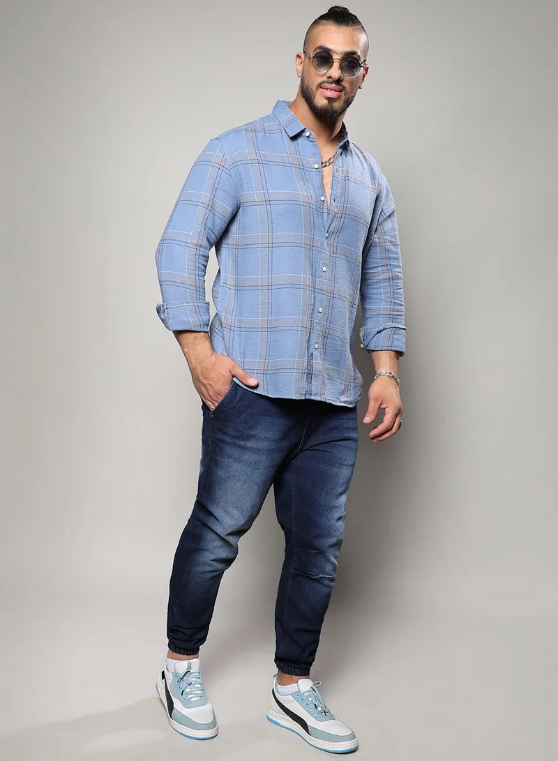 Instafab Plus  Men's Icy Blue Tartan Plaid Shirt For Casual Wear | Spread Collar | Long Sleeve | Button Closure | Cotton Shirt Crafted With Comfort Fit For Everyday Wear for Men | Best Price UAE