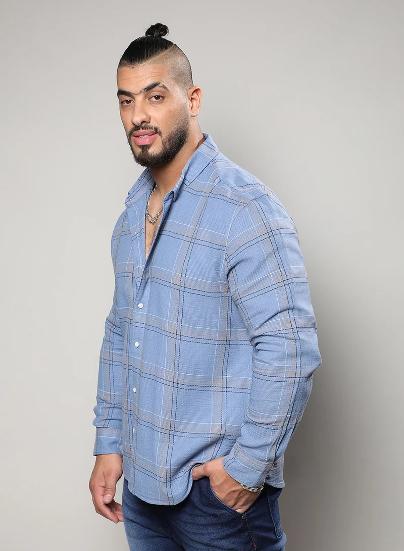 Instafab Plus  Men's Icy Blue Tartan Plaid Shirt For Casual Wear | Spread Collar | Long Sleeve | Button Closure | Cotton Shirt Crafted With Comfort Fit For Everyday Wear for Men | Best Price UAE