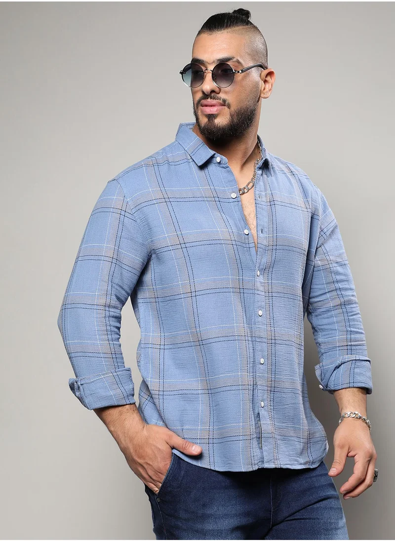 Instafab Plus Instafab Plus Men's Icy Blue Tartan Plaid Shirt For Casual Wear | Spread Collar | Long Sleeve | Button Closure | Cotton Shirt Crafted With Comfort Fit For Everyday Wear