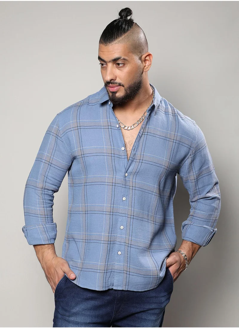Instafab Plus Instafab Plus Men's Icy Blue Tartan Plaid Shirt For Casual Wear | Spread Collar | Long Sleeve | Button Closure | Cotton Shirt Crafted With Comfort Fit For Everyday Wear