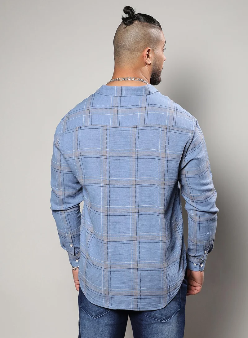 Instafab Plus  Men's Icy Blue Tartan Plaid Shirt For Casual Wear | Spread Collar | Long Sleeve | Button Closure | Cotton Shirt Crafted With Comfort Fit For Everyday Wear for Men | Best Price UAE