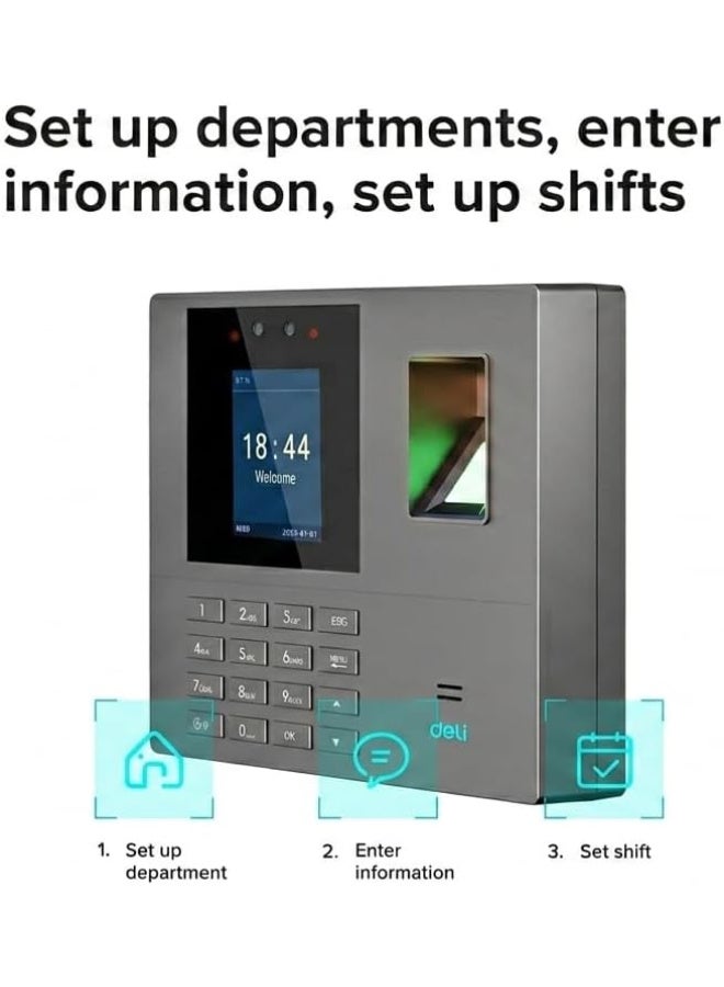 Deli ES161 Biometric Face and Fingerprint Attendance Machine, Employee Time Clock with 2.4" TFT Screen, 500 Fingerprint & 200 Face Capacity, 80K Log Storage, Software-Free Auto Excel Report Export via - Image 2