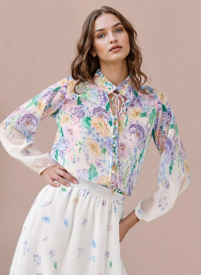 2Xtremz 2Xtremz Floral Print Top with Tie-Up Neck and Long Sleeves