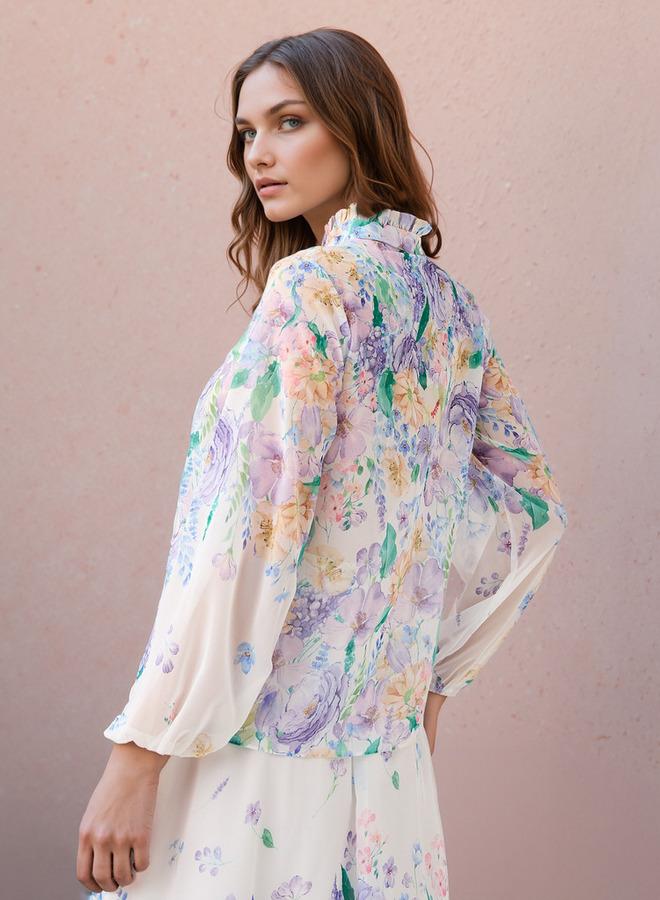 2Xtremz Floral Print Top with Tie-Up Neck and Long Sleeves - Image 3