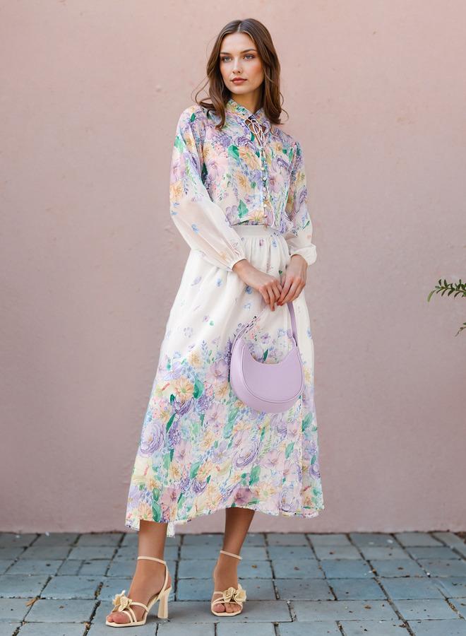 2Xtremz Floral Print Top with Tie-Up Neck and Long Sleeves - Image 2