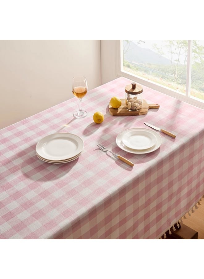 Softalker Pink Gingham Tablecloth Square, Outdoor Linen Cotton Checkered Table Cloth with Tassel, Heavy Duty Wrinkle Free Buffalo Plaid Table Cover for Easter Dining Spring Party - 55 x 55 Inch - Image 2