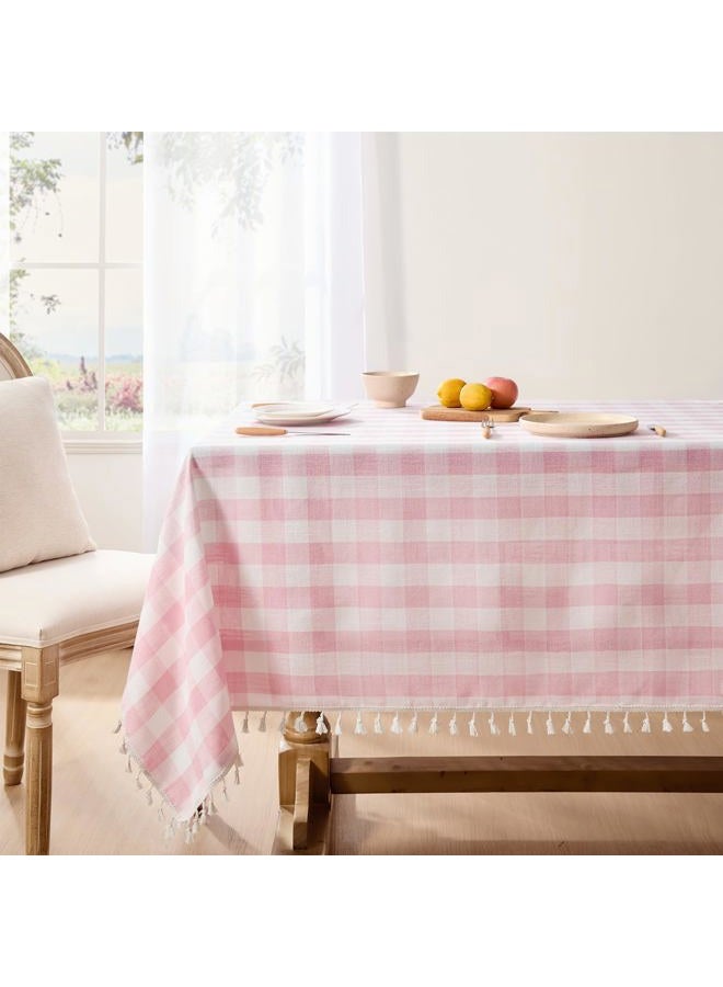 Softalker Pink Gingham Tablecloth Square, Outdoor Linen Cotton Checkered Table Cloth with Tassel, Heavy Duty Wrinkle Free Buffalo Plaid Table Cover for Easter Dining Spring Party - 55 x 55 Inch - Image 1