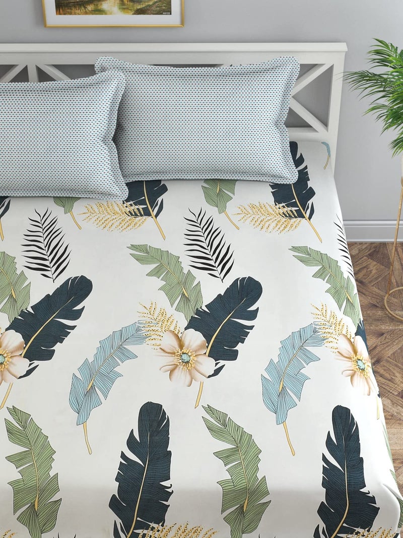 Florida Reeva Bedsheet for King Size Bed with Pillow Covers and Made of Cotton with Floral Print| H603 | 120 TC | Off White - Image 2