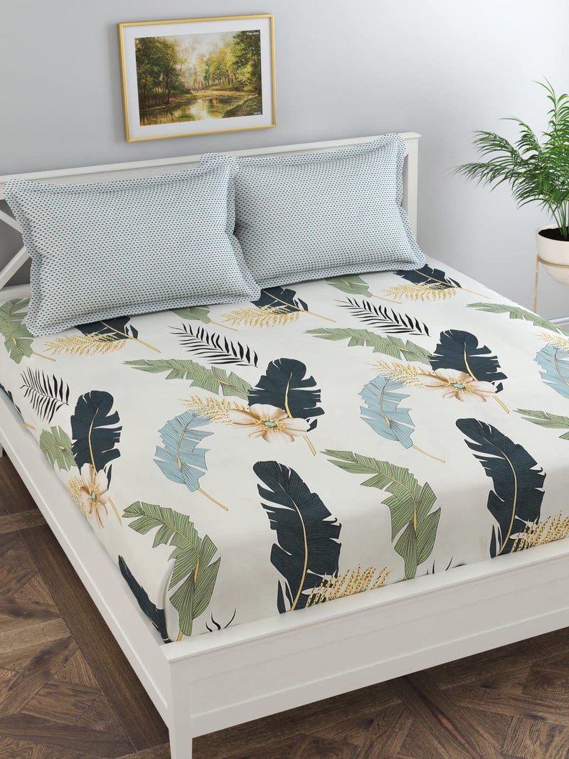 Florida Reeva Bedsheet for King Size Bed with Pillow Covers and Made of Cotton with Floral Print| H603 | 120 TC | Off White - Image 1