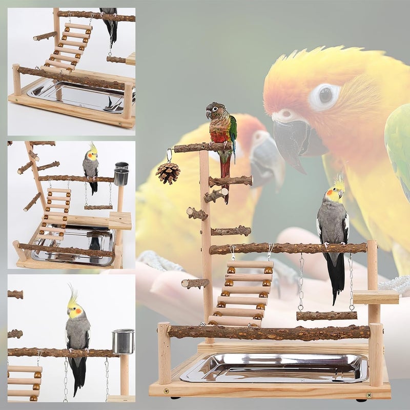 RoseFlower Bird Playground Parrots Playground, Natural Wood Bird Play Stand with Feeder Cups Ladder, Chew Toy, Pet Exercise Game, Perch, Bird Accessories for Parrots, Cockatiels, Bird #1 - Image 2