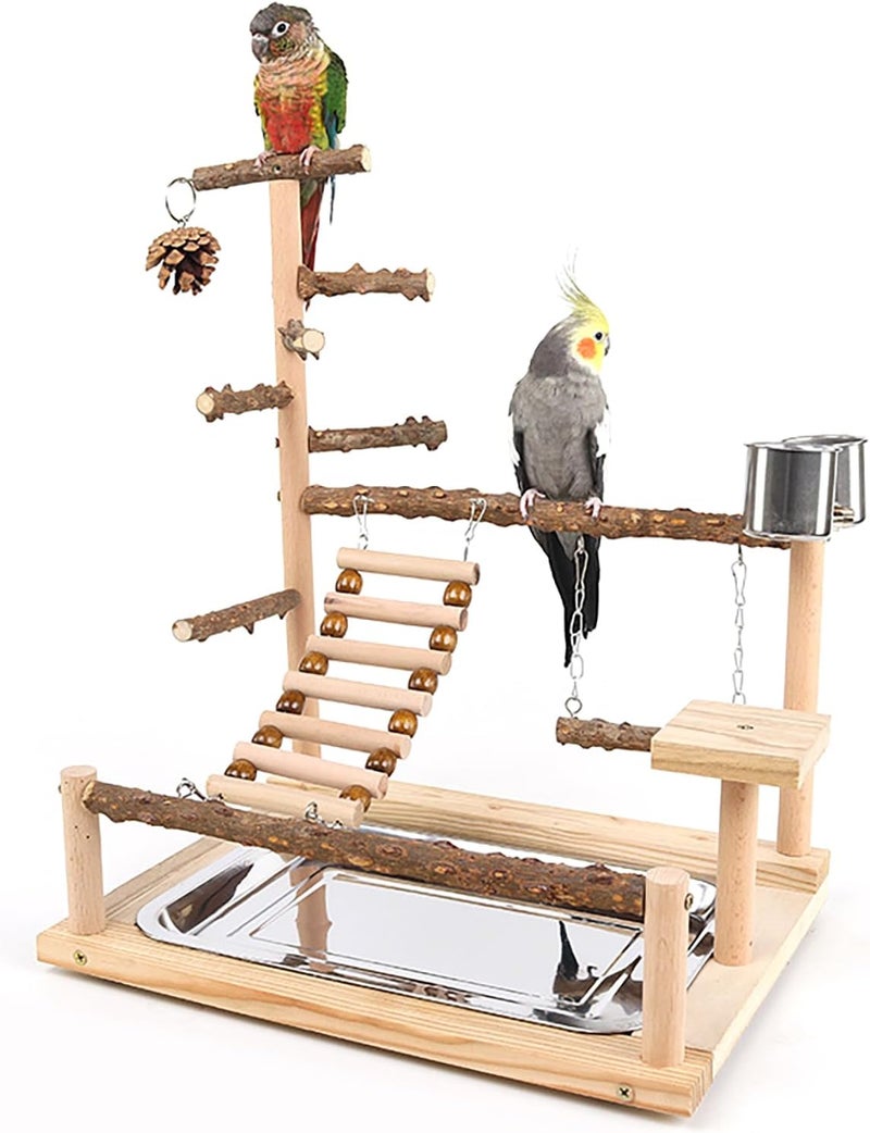 RoseFlower Bird Playground Parrots Playground, Natural Wood Bird Play Stand with Feeder Cups Ladder, Chew Toy, Pet Exercise Game, Perch, Bird Accessories for Parrots, Cockatiels, Bird #1 - Image 1