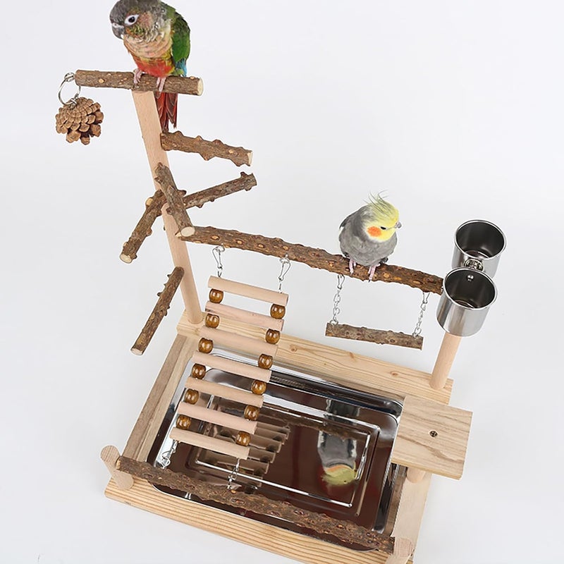 RoseFlower Bird Playground Parrots Playground, Natural Wood Bird Play Stand with Feeder Cups Ladder, Chew Toy, Pet Exercise Game, Perch, Bird Accessories for Parrots, Cockatiels, Bird #1 - Image 4