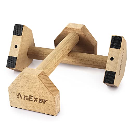 AnExer Push Up Stands, Handstand Parallettes Bars, Solid Wood Push Up Bars with Non-Slip Mat Push up Handles for Floor Exercise Home Workout Equipment for Men & Women Strength Training (Beech Wood-30cm) - Image 1