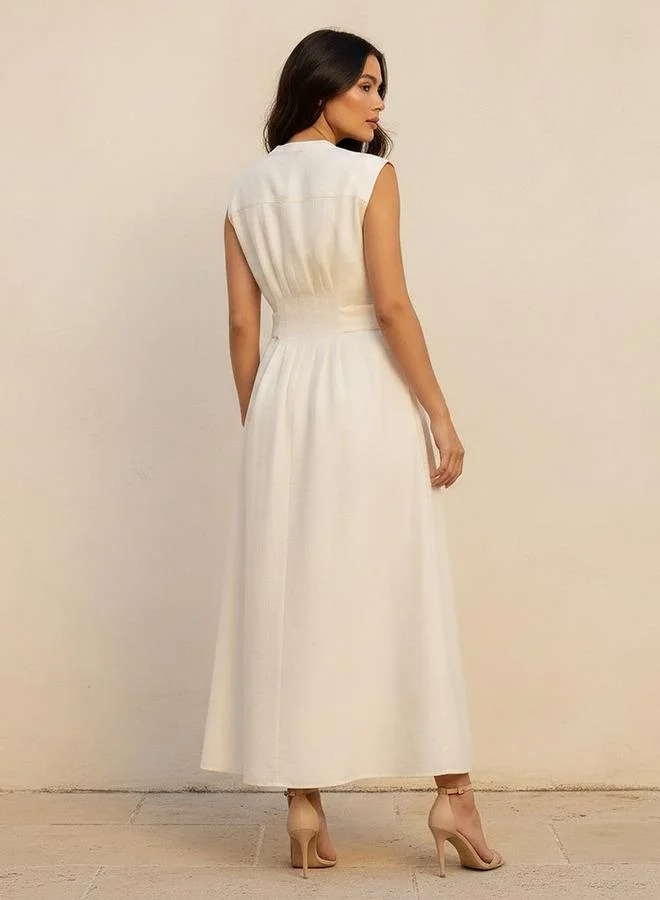 Iconic ivory Iconic A line Midi Dress with Button Flaps for Women | Best Price UAE