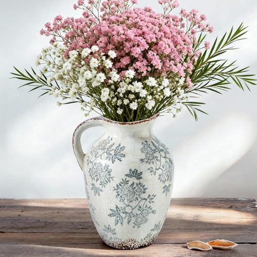 Enra 9.7" Blue and White Ceramic Vase with Handle – Handcrafted Chinoiserie Pitcher Vase for Fresh Flowers, Large Decorative Vase for Living Room Centerpiece, Bookshelf & Entryway - Image 1