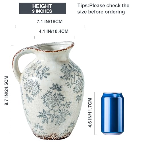 Enra 9.7" Blue and White Ceramic Vase with Handle – Handcrafted Chinoiserie Pitcher Vase for Fresh Flowers, Large Decorative Vase for Living Room Centerpiece, Bookshelf & Entryway - Image 2