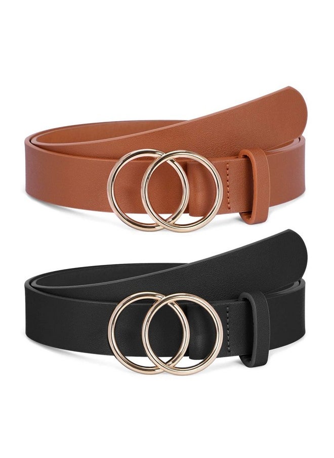 Sansths - 2 Pack Women Leather Belts Faux Leather Jeans Belt With Double Oring Buckle (Black & Brown M) - Image 1