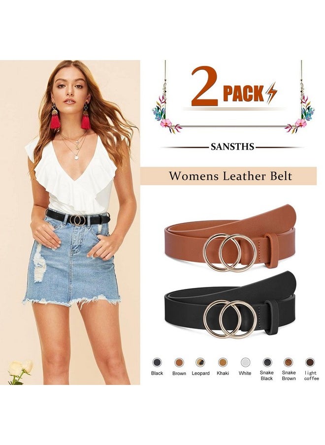 Sansths - 2 Pack Women Leather Belts Faux Leather Jeans Belt With Double Oring Buckle (Black & Brown M) - Image 1