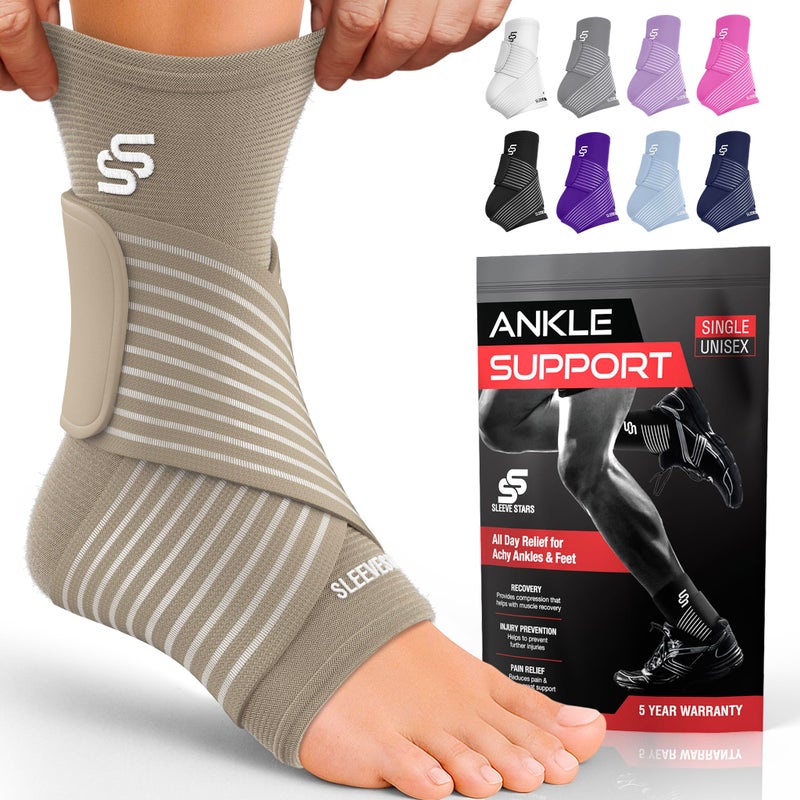 SS SLEEVE STARS Sleeve Stars Ankle Brace for Women Men Ankle Wrap for Sprain Compression Sleeve for Plantar Fasciitis Relief Easy Customizable Support w Removable Strap SingleM1012Beige 