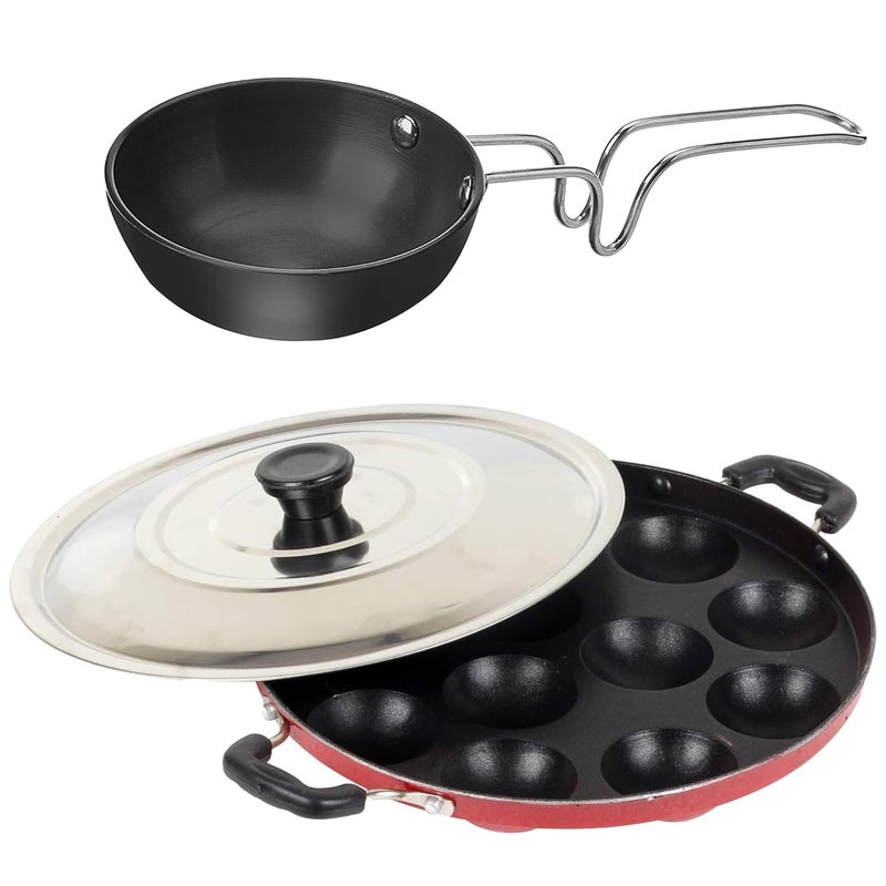IDEAL PRIME IDEAL PRIME Elegant Aluminium Non Stick 12 Cavity Appam Patra Tadka Pan Combo Durable Appa Maker Paniyarrakal Paniyaram Baghari Vaghari Cookware Set Pack of 2  - Image 1