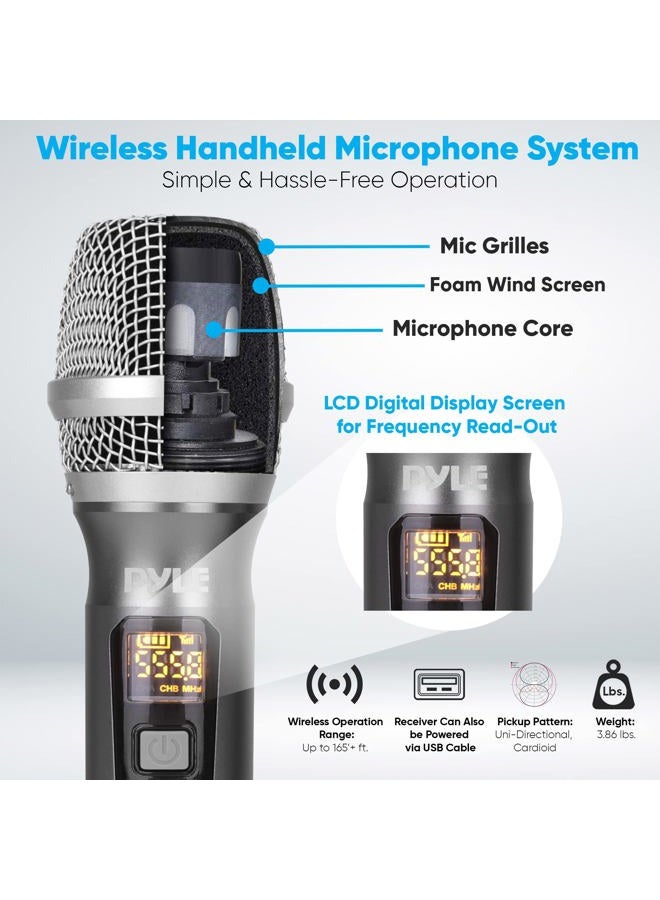 Pyle UHF Wireless Microphone System Kit - Dual Professional Battery Operated Handheld Dynamic Unidirectional Cordless Microphone Transmitter Set w/Adapter Receiver - PA Karaoke DJ Party PDWMU214,Black - Image 3