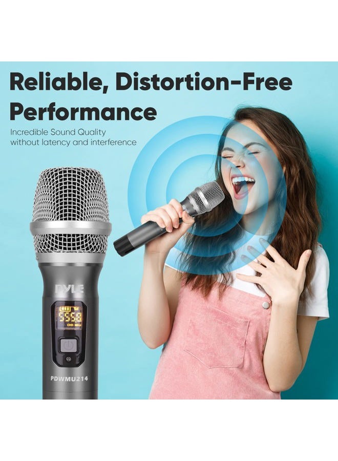 Pyle UHF Wireless Microphone System Kit - Dual Professional Battery Operated Handheld Dynamic Unidirectional Cordless Microphone Transmitter Set w/Adapter Receiver - PA Karaoke DJ Party PDWMU214,Black - Image 5