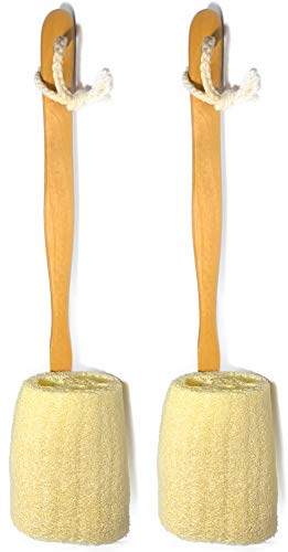 Mr.Cui'shop 2 Pack Natural Exfoliating Loofah luffa loofa Bath Brush On a Stick - with Long Wooden Handle Back Brush for Men & Women - Shower Sponge Body Back Scrubber - Image 1
