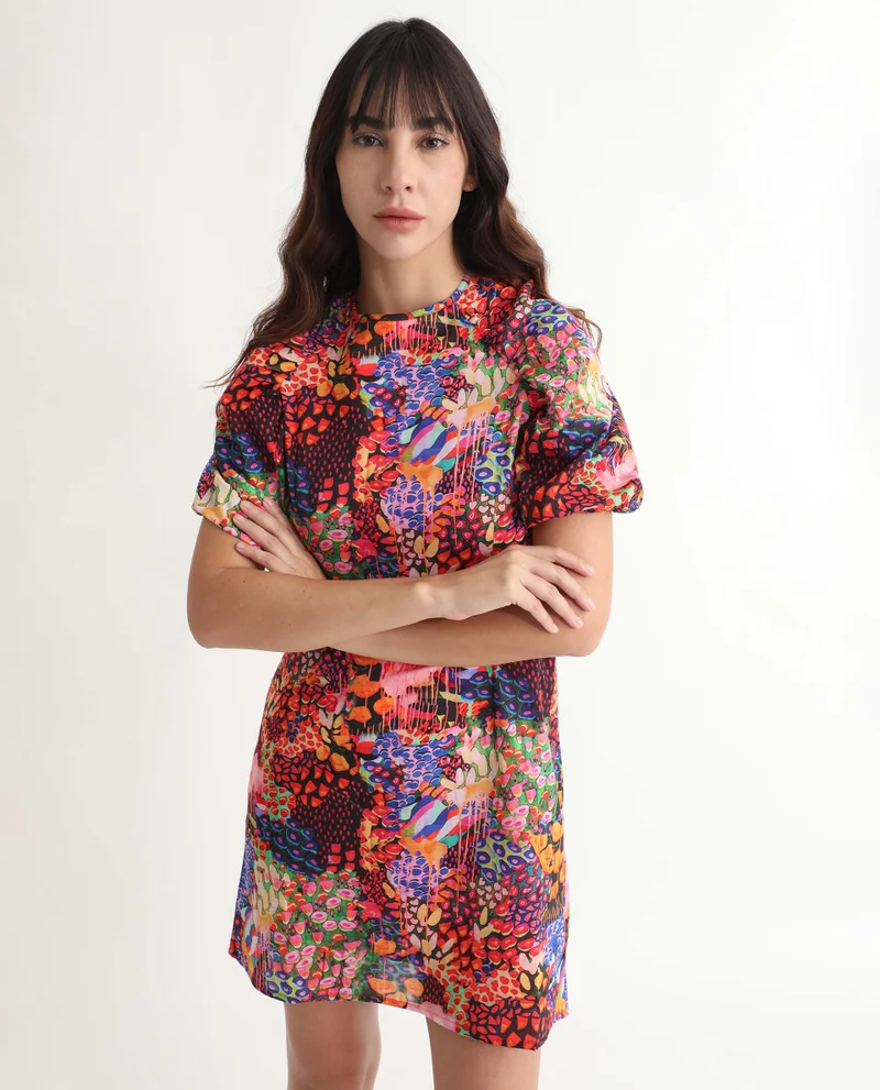 Rareism Women's Floral Elegance Puff Sleeve Dress