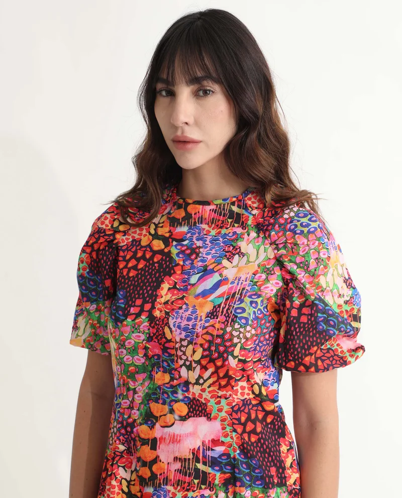 Rareism Women's Floral Elegance Puff Sleeve Dress