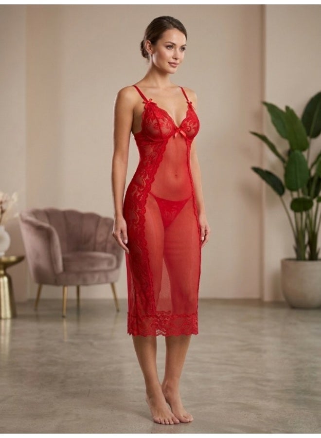 A long, elegant women's lingerie nightgown made of soft tulle and adorned with luxurious lace, perfect for brides. It features a sophisticated design with a plunging neckline and adjustable straps, and is made of a comfortable and flexible fabric. - Image 3