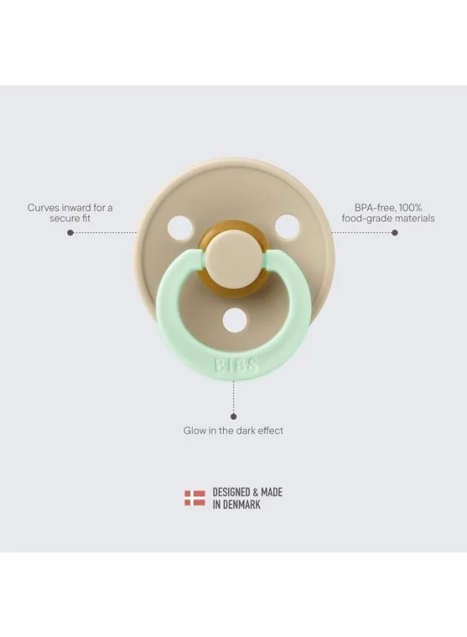 BIBS Pack of 2 Colour Glow Soother Glow In The Dark Bpa Free Dummy Pacifier, Round Natural Rubber Latex, Size 2 6 To 18 Months , Blush Night/Vanilla Night