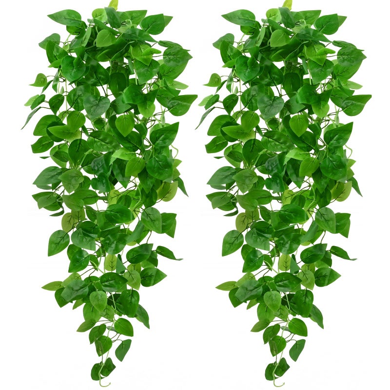 BLEUM CADE 2Pcs Fake Hanging Plants 9 Branch Artificial Hanging Plant Lush Faux Pothos Vines for Home Room Wall Shelf Porch Outdoor Indoor Decor No Baskets