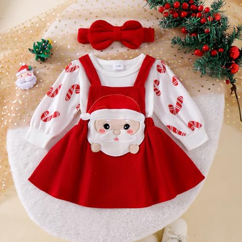 YINGISFITM Thanksgiving Halloween Christmas Baby Girl Outfit Bubble Romper+Turkey Ghost Santa Overalls Skirts Clothes Set (Red Christmas dress, 12-18 Months) - Image 3
