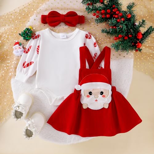 YINGISFITM Thanksgiving Halloween Christmas Baby Girl Outfit Bubble Romper+Turkey Ghost Santa Overalls Skirts Clothes Set (Red Christmas dress, 12-18 Months) - Image 2